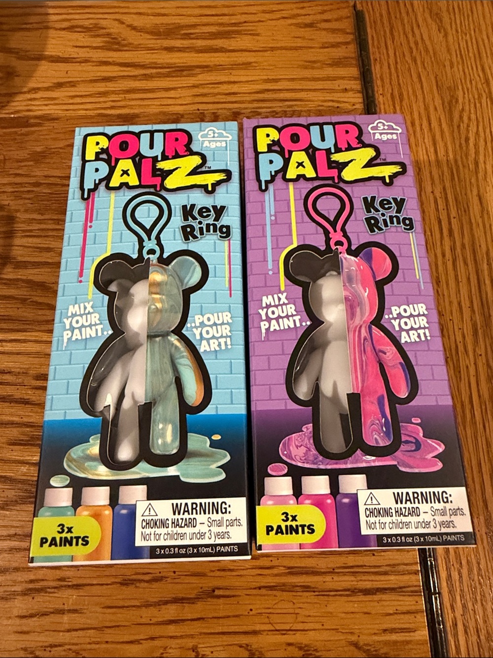 Pour Palz Key Ring Set - Blue & Pink Paint Bear Keychains, Set of 2, NIB